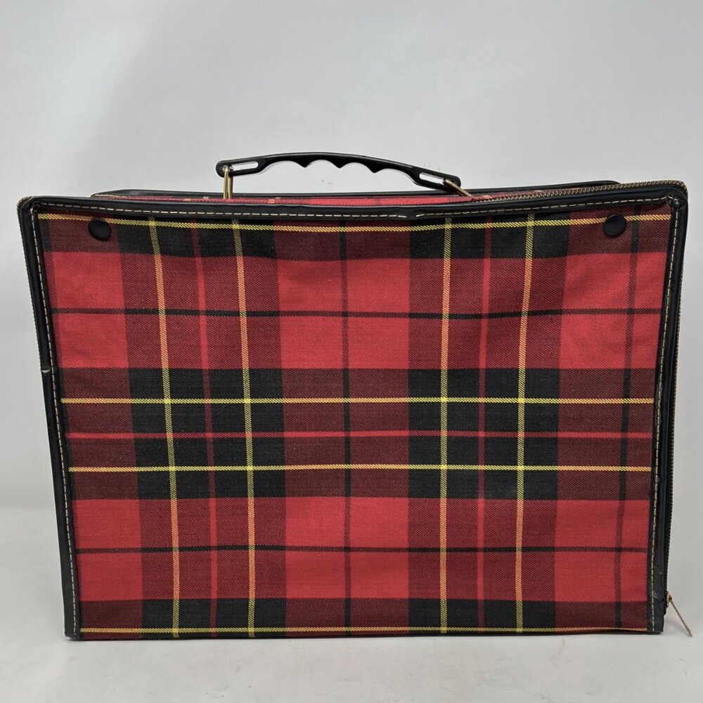 Vintage 1960's Red Plaid Fabric Folding Collapsible‎ Small Lightweight Suitcase
